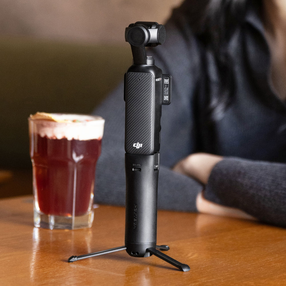 Pocket Battery Handle with Instant Tripod for Steady Shots.