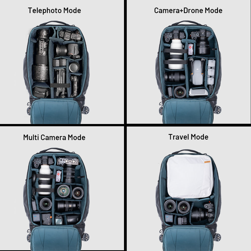 The Professional DIY Divider System of the Roller Camera Backpack makes storage easier.