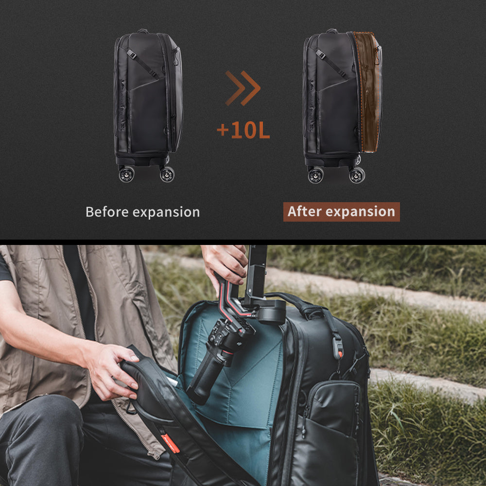 Roller Camera Backpack is designed with 10L Expandable Space for Your Essentials